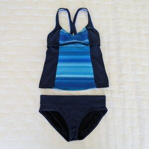 Nike Blue Stripe Tankini Swimsuit Set Small Top Medium Bottom Athletic Swim
